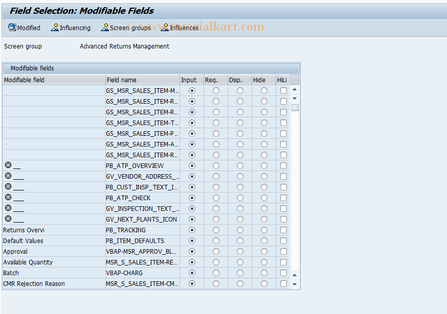 SAP TCode MSR_SFAC - Field Selection MSR