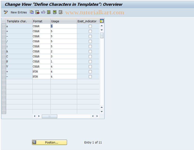 SAP TCode O044 - Customer Chars: Template Characters