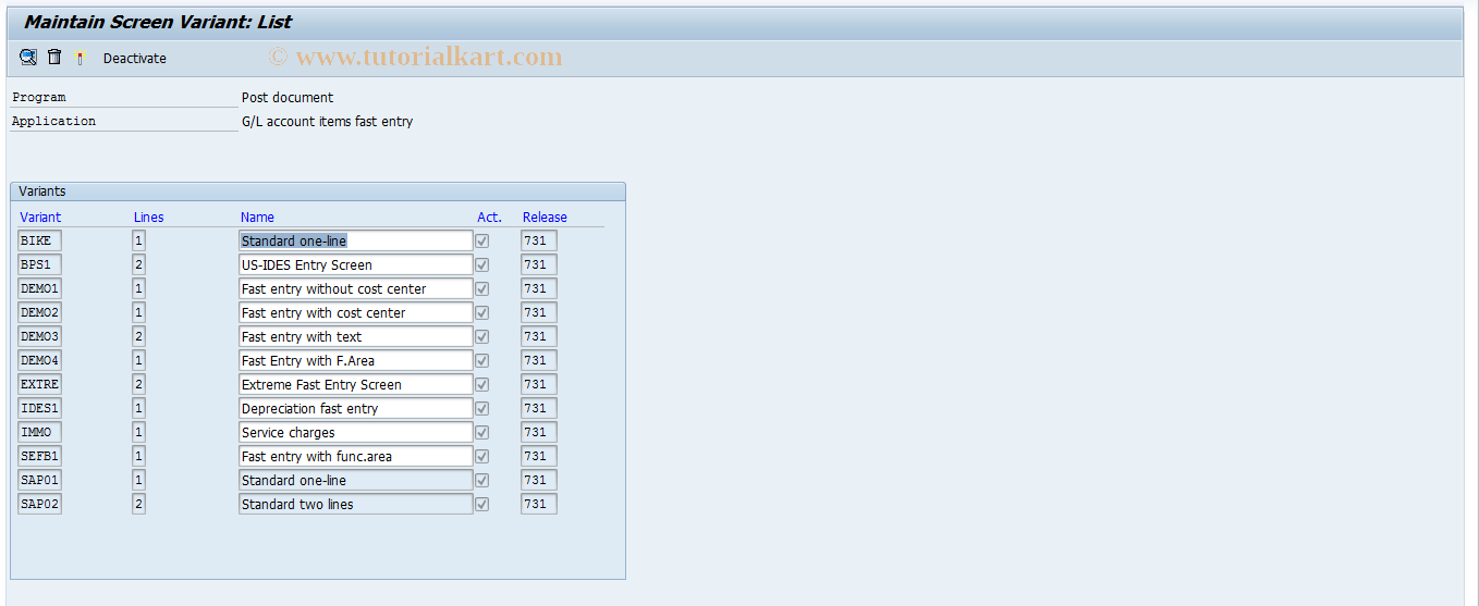 SAP TCode O7E6 - G/L item fast entry screens