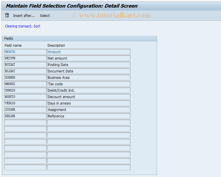 SAP TCode O7F2 - Clearing field selection search