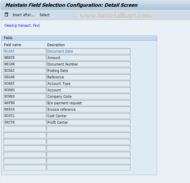 SAP TCode O7F3 - Clearing Field Selection Sort