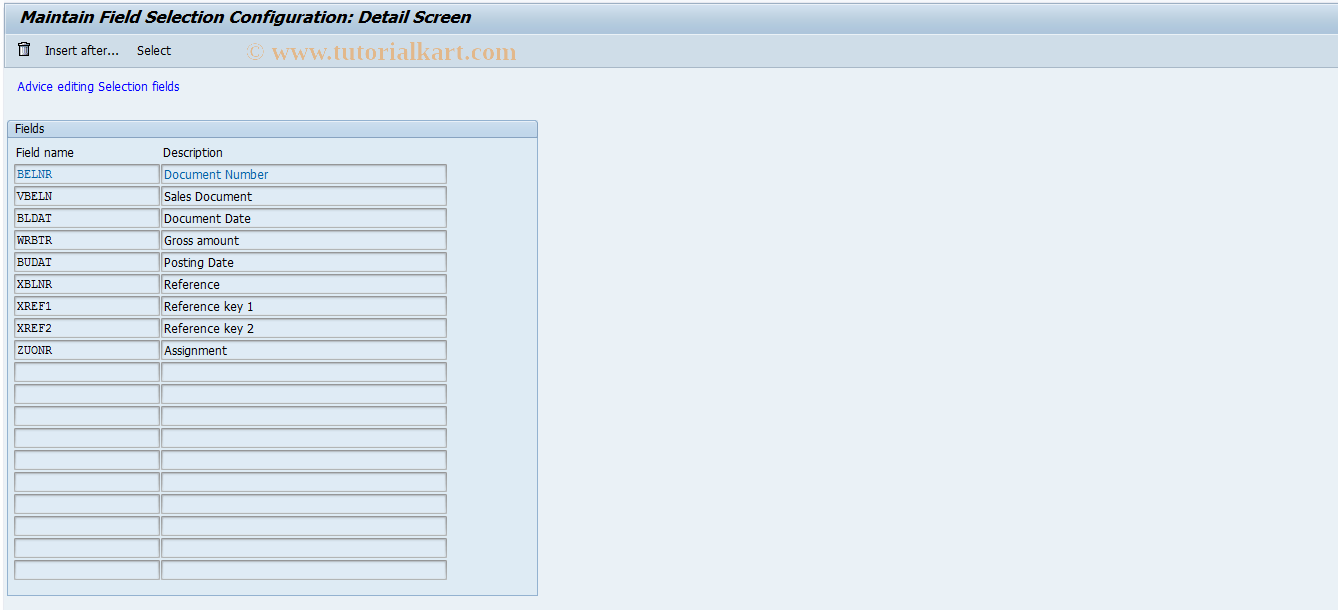 SAP TCode O7F9 - Paymnt Adv.Notes Field Selction Fields