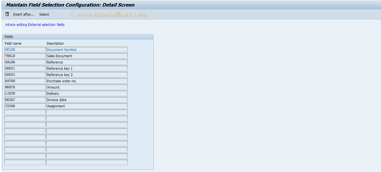 SAP TCode O7FA - Pyt Adv.Notes Field Sel.External Sel.Field