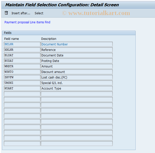 SAP TCode O7FE - Auto.Pymt Field.Sel.Find Line Item