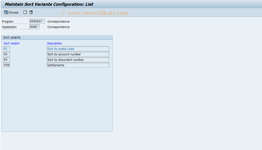 SAP TCode O7S4 - General Correspondence Sort Variants