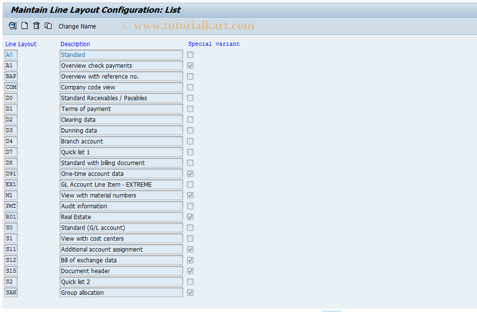 SAP TCode O7Z3 - Document Display Line Layout