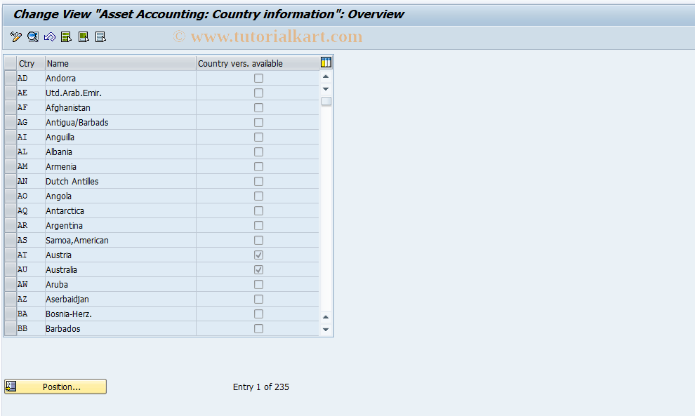 SAP TCode OA08 - FI-AA: Maintain Country Table