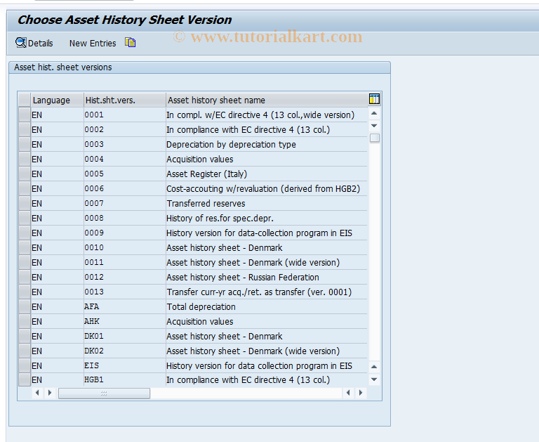 SAP TCode OA79 - C AM Maintain Ast.Hist.Sheet Defin.