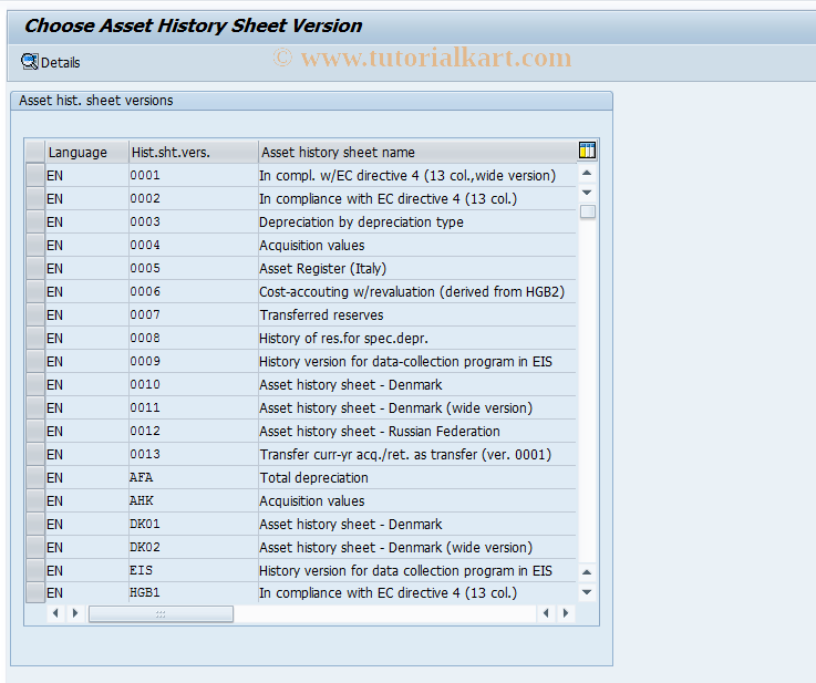 SAP TCode OA80 - C AM Maintenance  Asset.Hist.Sheet Defin.