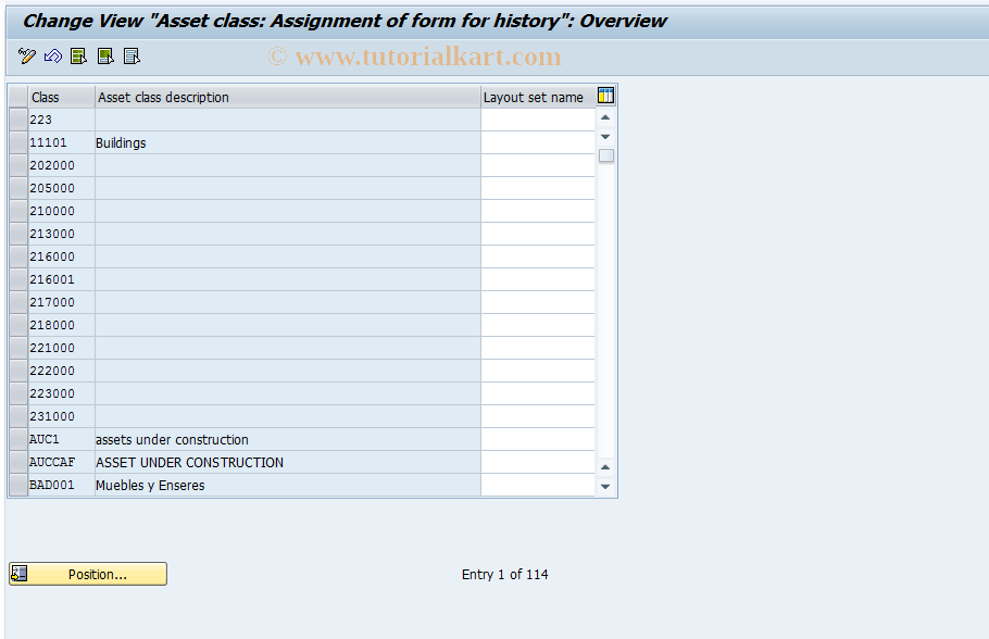 SAP TCode OAAY - FI-AA: Hist. layout set-asset class