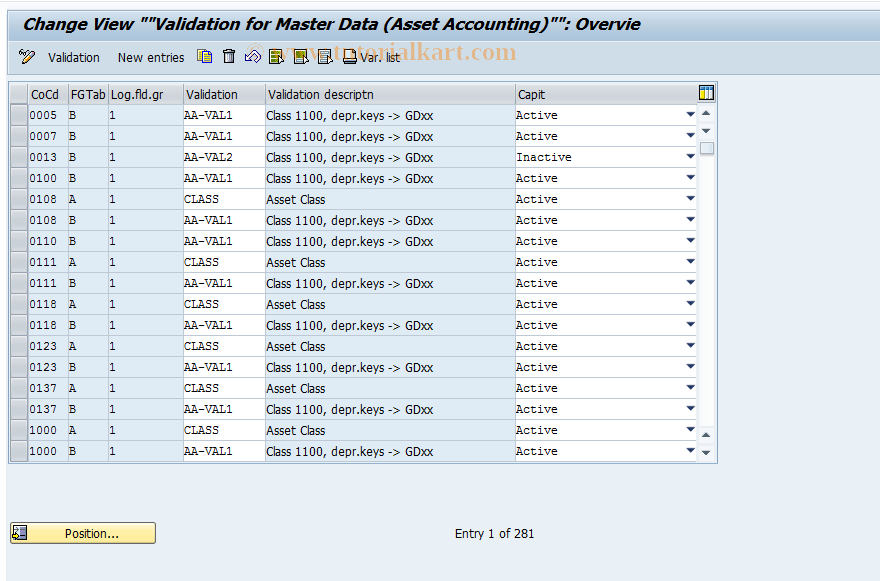 SAP TCode OACV - C FI-AA View maint. validations