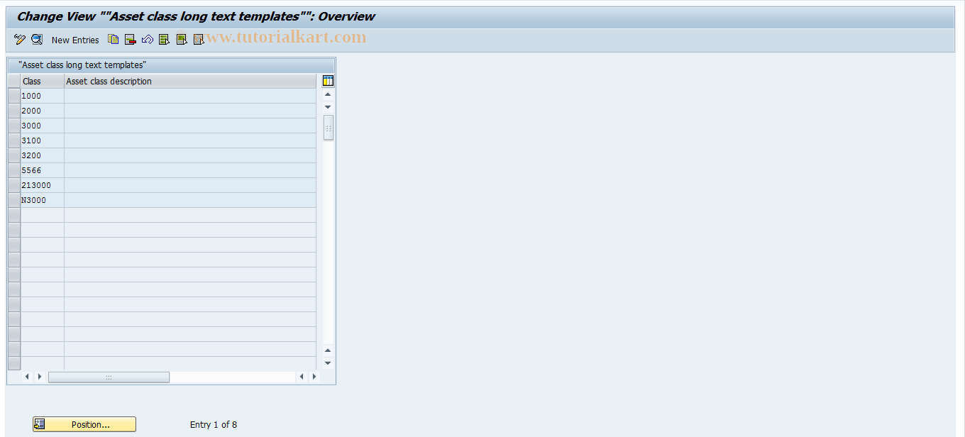 SAP TCode OAKA - Standart texts in asset class