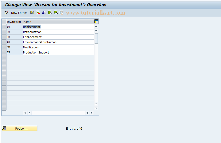 SAP TCode OAW1 - Reason for investment