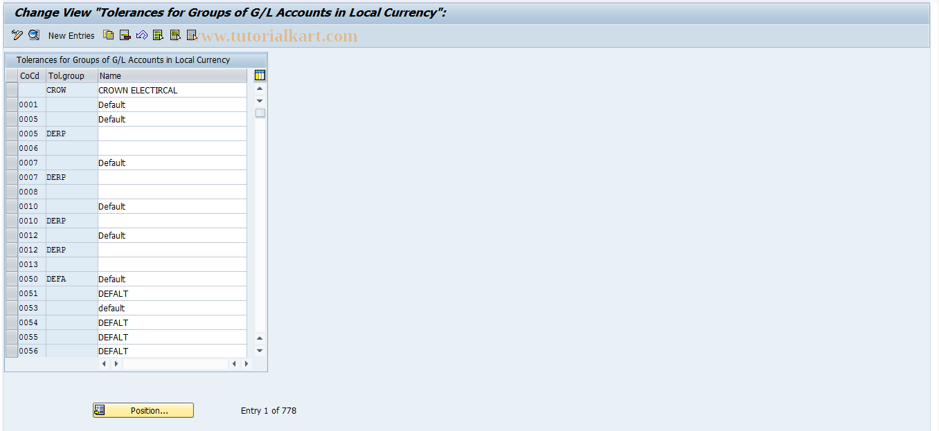 SAP TCode OBA0 - G/L Account Tolerance Groups