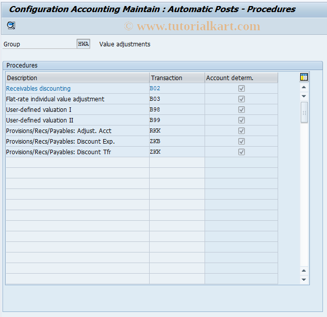 SAP TCode OBB0 - C FI Maintain table T030 valuatn adj