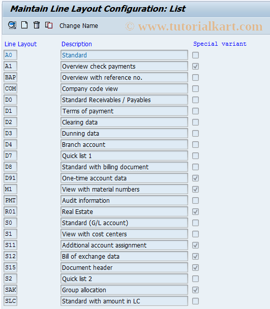 SAP TCode OBO1 - C FI FAKP Line Item Line Layout