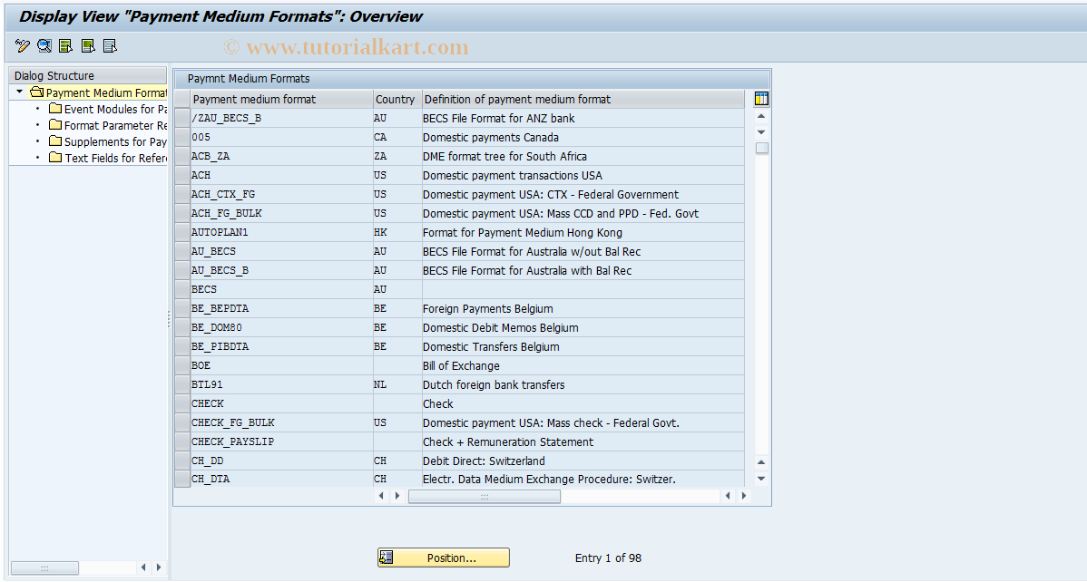 SAP TCode OBPM1A - Display of Pymt Medium Formats
