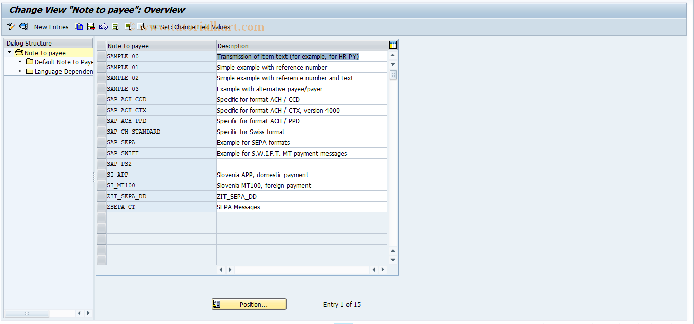 SAP TCode OBPM2 - Maintenance of Note to Payee