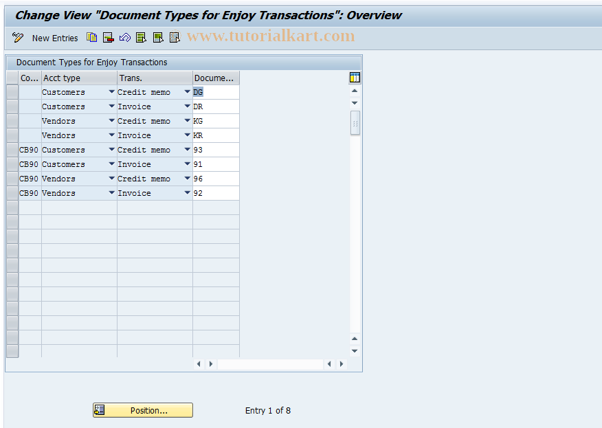 SAP TCode OBZO - Document Types for Single Scrn Transactns