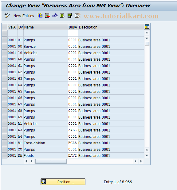 SAP TCode OCCG - Business area for MM