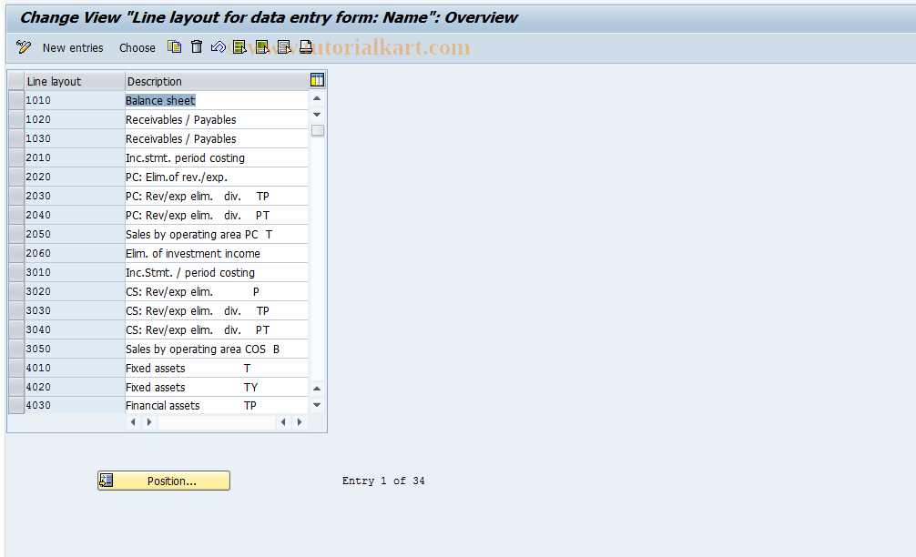 SAP TCode OCD2 - Line layout entry form