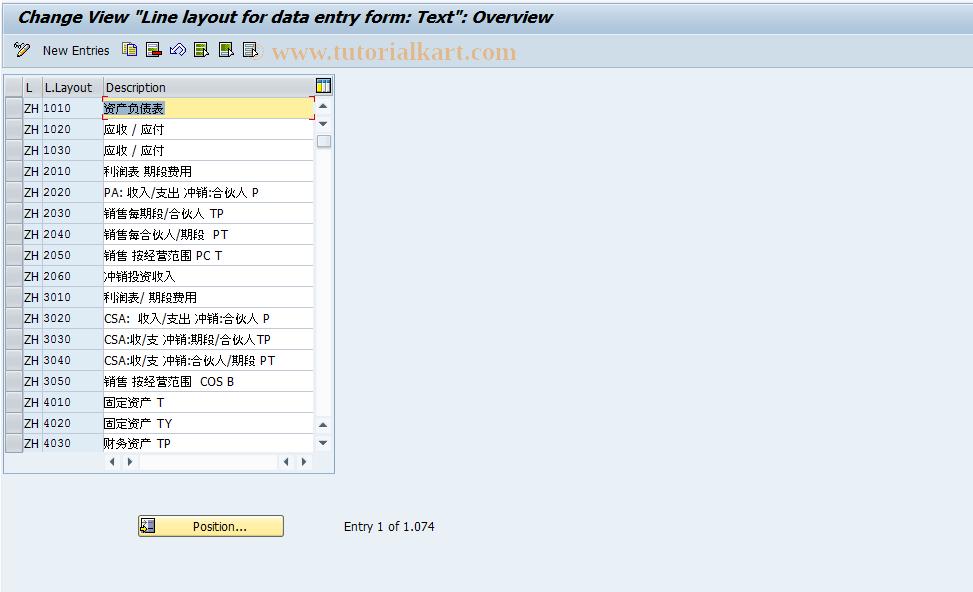 SAP TCode OCD3 - Line layout entry form texts