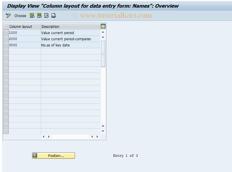 SAP TCode OCD7 - Column layout data entry form number