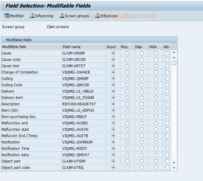 SAP TCode OCLM2 - Claim Field Selection: General