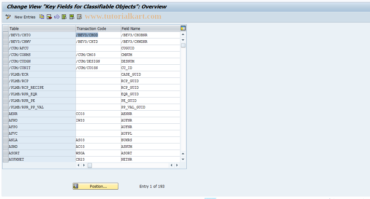 SAP TCode OD11 - Key Fields of Classifiable Ojbects