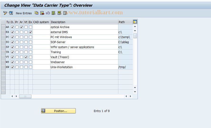 SAP TCode OD20 - Data Carrier Type