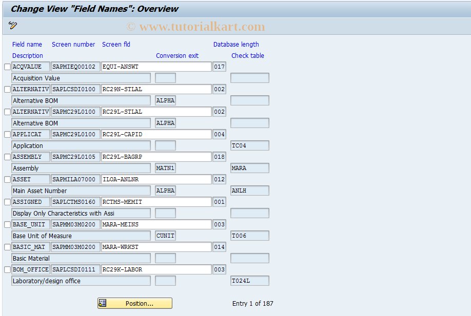 SAP TCode OD57 - Field Names