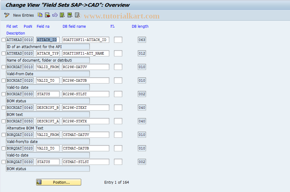 SAP TCode OD58 - Field Sets SAP->CAD