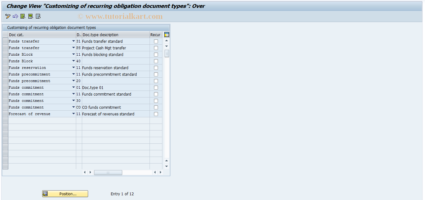 SAP TCode OFMRO_TKBBA - Recurring Obligation document types