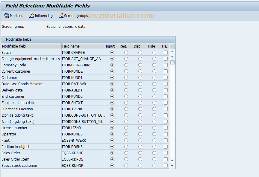 SAP TCode OIAD - Field selection equipment-specific fields