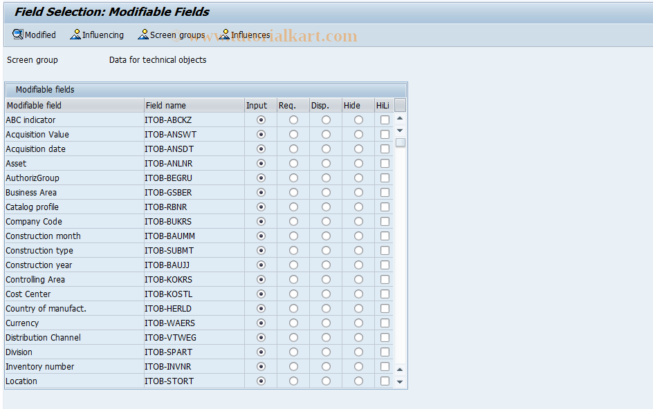 SAP TCode OIAF - Field selection equipment/functional loc.