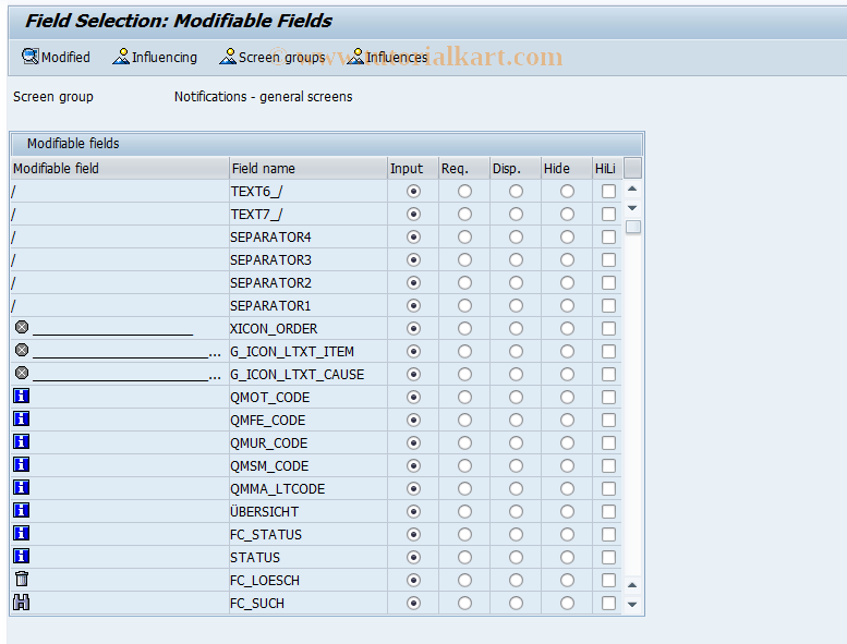 SAP TCode OIAL - Field Selection for PM Notifications