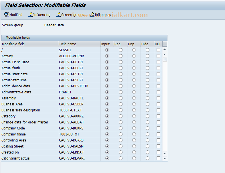 SAP TCode OIAN - Field Selection Order Header Data