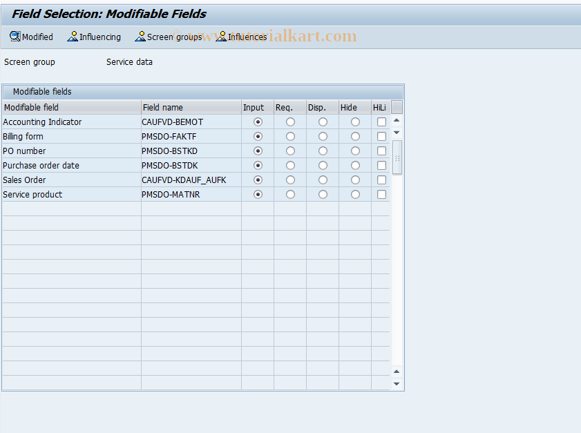 SAP TCode OIAY - Field Selection Order Header Service