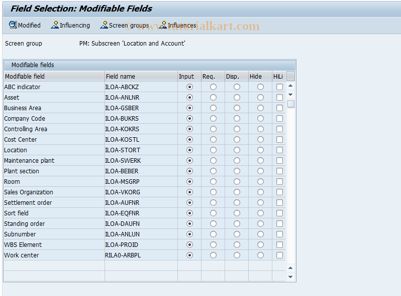 SAP TCode OIAZ - Field selection functional location