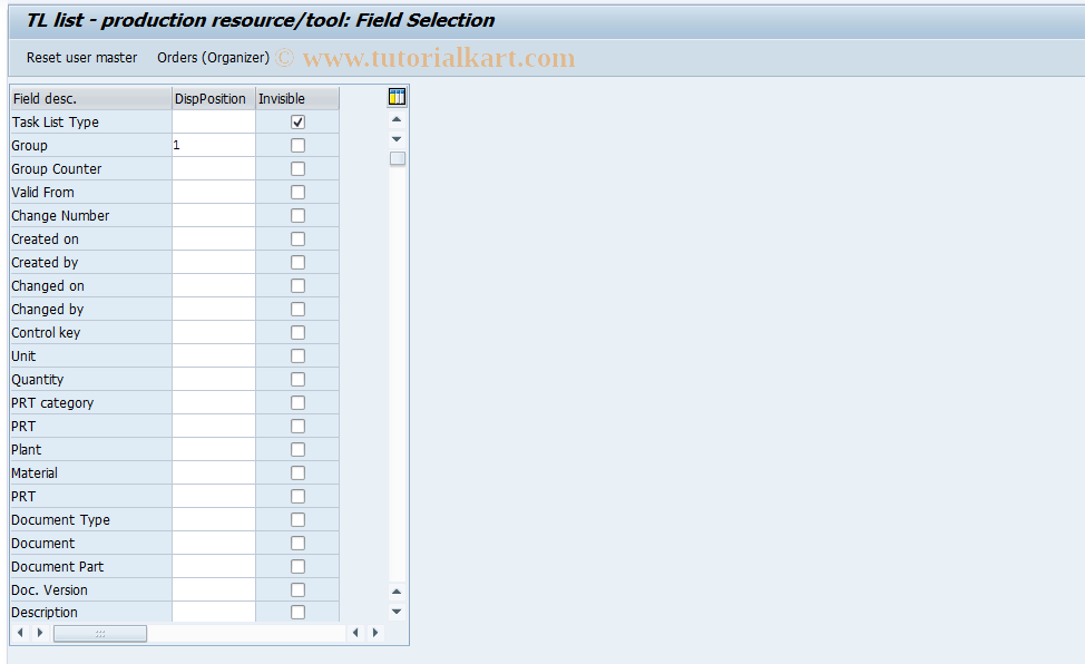SAP TCode OIB9 - TL list - production resource/tool