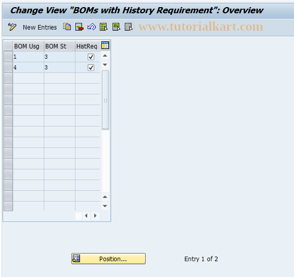 SAP TCode OICL - BOMs with History Requirement