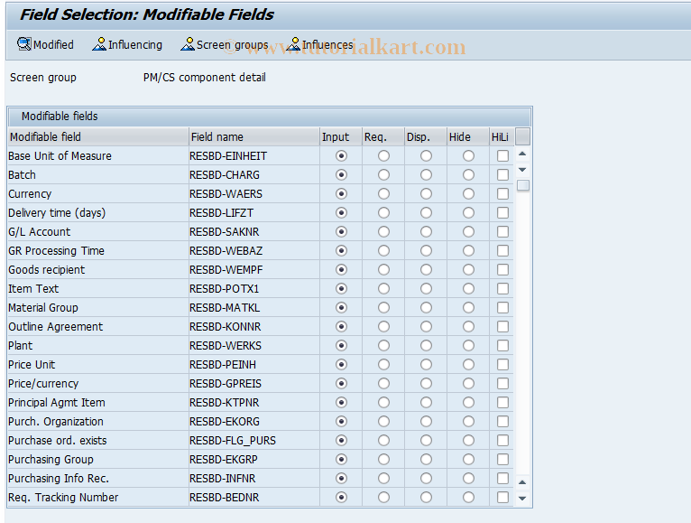 SAP TCode OICMPD - Field Selection for Components PM/CS