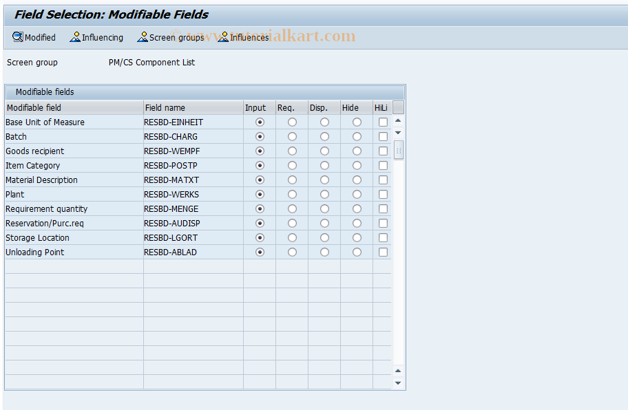 SAP TCode OICMPL - Field selection component list PM/CS
