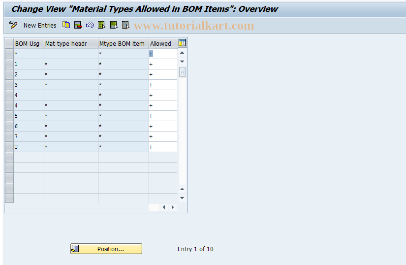 SAP TCode OICP - Valid Material Types for BOM