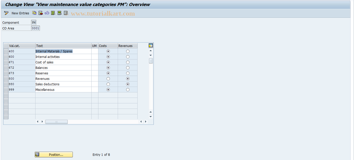 SAP TCode OIK1 - Maintenance of PM value categories