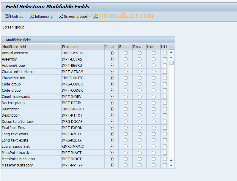 SAP TCode OIMRC - Field Selection Meas.Points & Docs