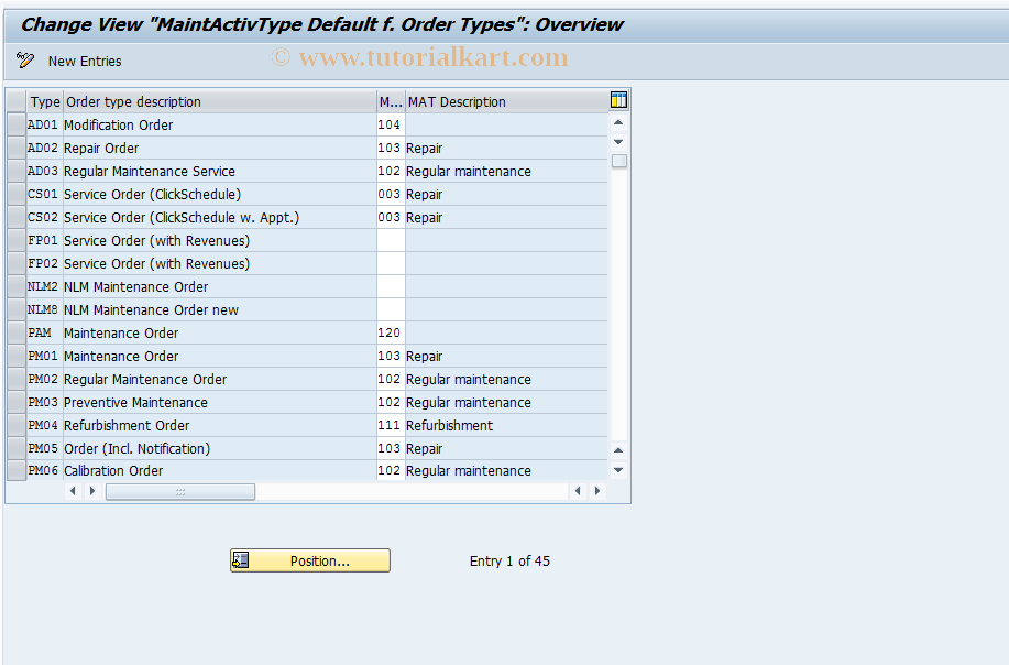 SAP TCode OIO4 - Default MAT by Order Type