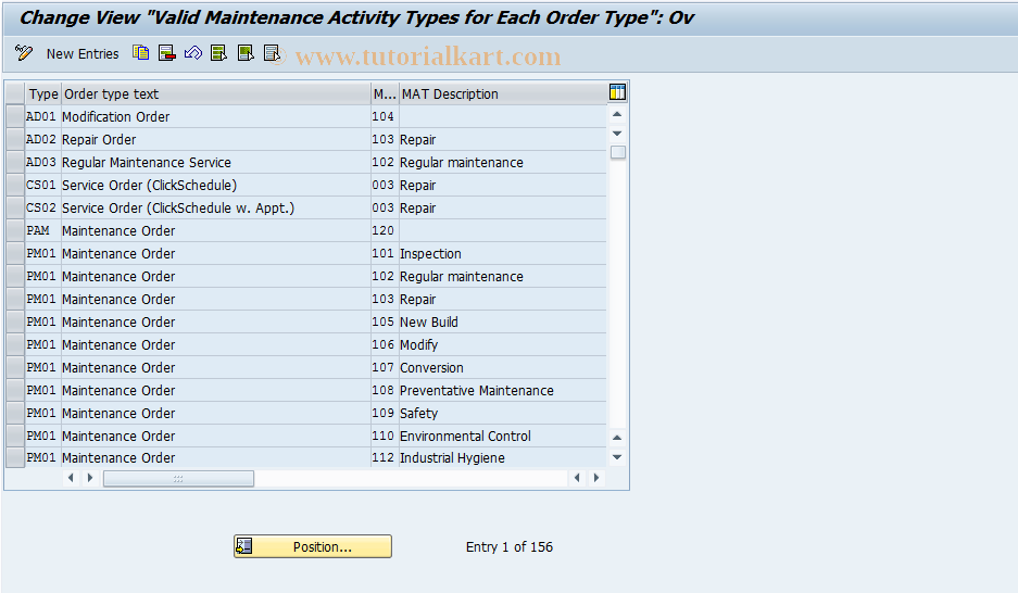 SAP TCode OIO5 - Valid MATs by Order Type
