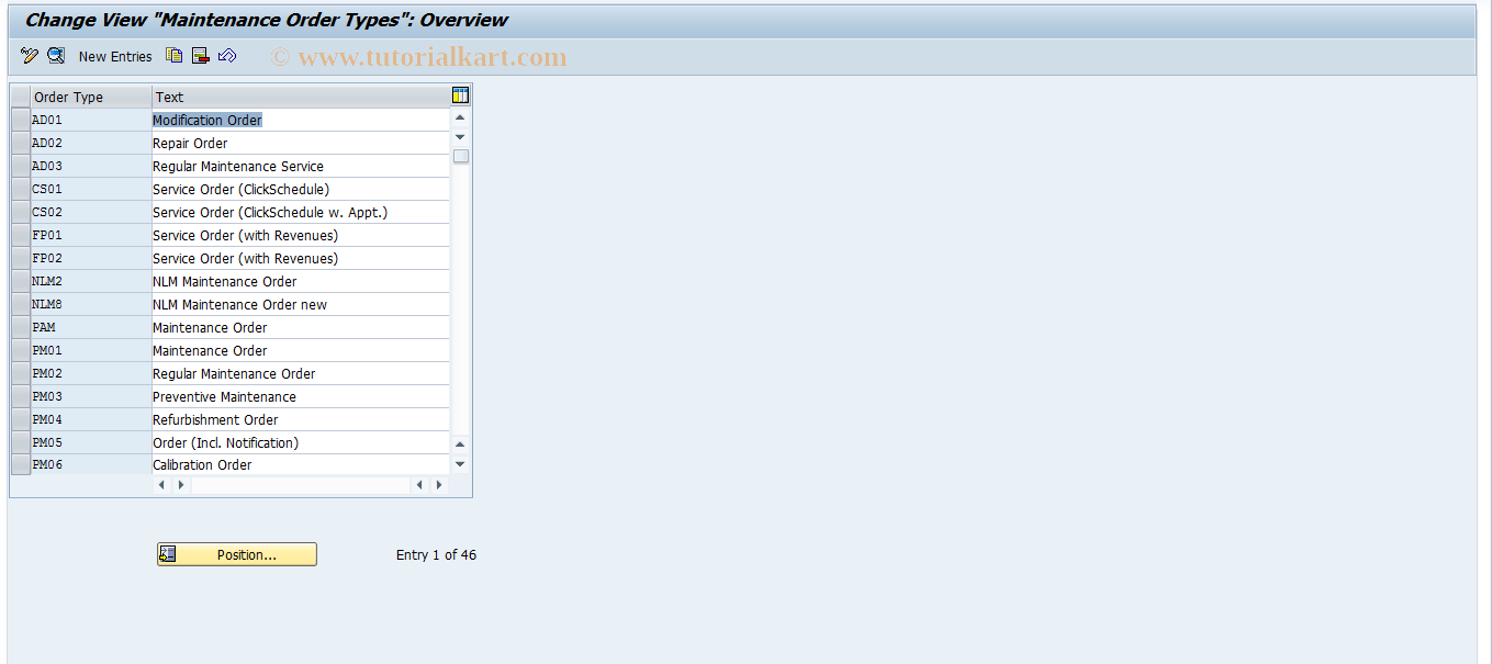 SAP TCode OIOA - Maintenance Order Types