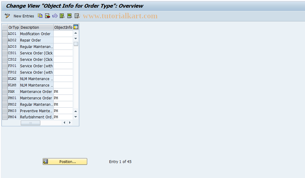 SAP TCode OIOJ - Object Info Parameters for Order Type